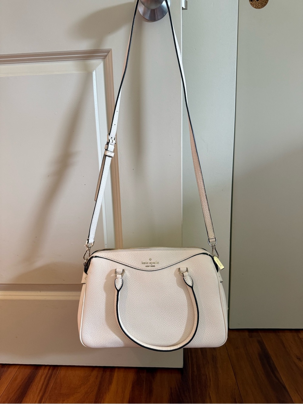 kate spade White Pebbled Leather Satchel with Adjustable Crossbody Strap